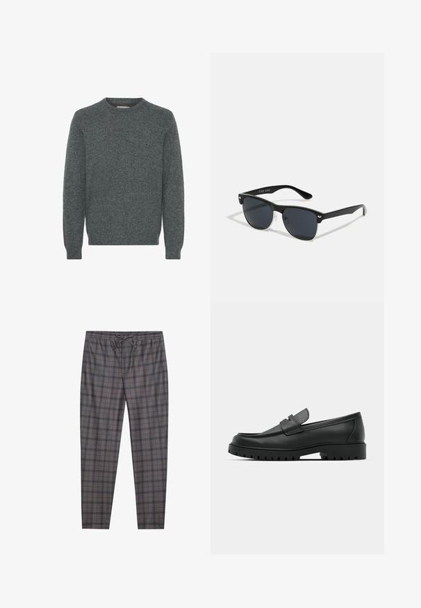 Szürke kerek nyakú pulóver texturált kötött anyagból. Hosszú ujjakkal és bordás mandzsettákkal, valamint derékkal rendelkezik. Nincsenek minták vagy jellegzetes díszítések.; Szürke kockás nadrág rugalmas derékkal és zsinórral. Az anyag lágy hatású, finom textúrával és a mintában kontrasztos fekete vonalakkal.; Fekete bőr loafer cipők kerek orral, varrott mintázattal, alacsony platformtalpú és texturált, barázdált gumitalppal.; Fekete napszemüveg, téglalap alakú, sötét lencsékkel, ezüst részletekkel a szárakon, és matt felülettel a kereten.
