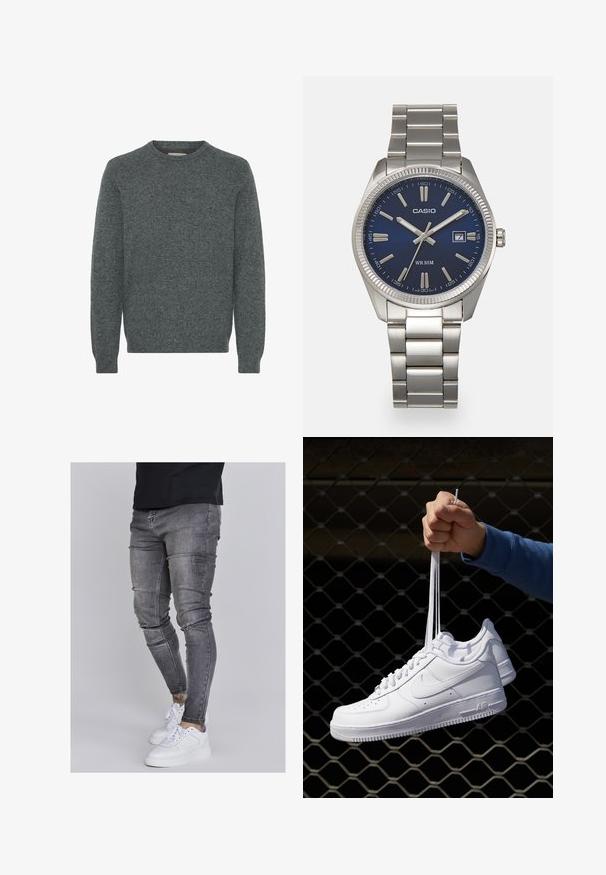 Harmaa pyöreäkauluksinen neulepaita, joka on valmistettu teksturoidusta neulekankaasta. Varustettu pitkillä hihoilla sekä resoreilla hihojen päällä ja helmassa. Ei kuvioita tai erottuvia yksityiskohtia.; Kapeat farkut haalistuneessa harmaassa denimmateriaalissa, joissa on kuluneet yksityiskohdat polvissa, yhdistettyinä valkoisiin lenkkareihin. Suora pinta, kapea leikkaus.; Valkoiset nahkasneakersit, joissa on rei'ityksiä, pyöreä kärki, tasapohja ja paksut nauhat, joissa on näkyvä swoosh-logo ja "AIR" kantapäässä.; Harmaa ruostumaton teräs rannekello, jossa on tummansininen kellotaulu, metalliset tuntimerkit ja päivämääränäyttö kello 3:ssa. Vesitiivis 50 metriin asti.