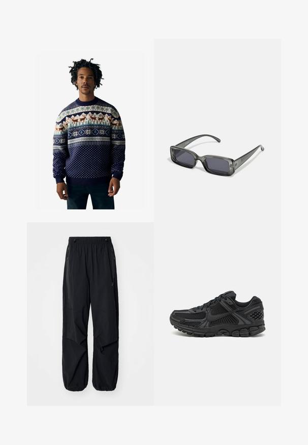 Navyfarbener gestrickter Pullover mit winterlichen Mustern, Rentiermotiven, Schneeflocken und geometrischen Akzenten in cremigen und blauen Farbtönen.; Schwarze leichte Cargo-Hosen mit elastischem Bund, seitlichen Reißverschlüssen und geräumigen Taschen. Bietet eine lockere Passform und tapered Bündchen.; Schwarzer Sportschuh mit mesh-Obermaterial, Gummisohle und strukturierten Akzenten. Das Design umfasst ein ausgeprägtes Schnürsystem und eine gepolsterte Sohle.; Rechteckige Sonnenbrille mit einem translucenten dunkelgrauen Rahmen, dunklen Gläsern und schlanken Bügeln. Auffälliges Logo-Detail am Rahmen.
