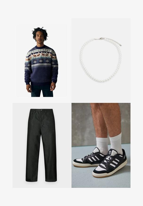 Jūrininkų mėlynos spalvos megztinis su žiemiškais raštais, elnių motyvais, snaigėmis ir geometriniais akcentais, kurių spalvos kremas ir mėlyna.; Juodos kelnės su švelniu blizgesiu, tiesaus silueto, su dviem priekinėmis kišenėmis ir diskretišku logotipu viršutiniame kairiajame krašte.; Juodos ir baltos sportinės bateliai su zomšiniu ir odiniu viršumi, su trimis baltomis juostelėmis, perforuota koja ir guminėmis padais.; Balta perlų kaklo grandinėlė, su vienodai apvalia forma, lygiu paviršiumi ir metaline sagtimi su ilginimo grandinėle, leidžiančia reguliuoti ilgį.