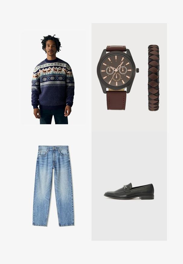 Marinblå stickad tröja med vinterteman, rendesign, snöflingor och geometriska detaljer i krämfärgad och blå ton.; Ljusblå denimjeans med lös passform, rak bendesign, fem fickor och blekt utseende. Inkluderar en framsidan knapp och dragkedjestängning.; Svart läderloafers med en slät yta, med en sydd design och en dekorativ metallkedjeaccent över västen. Platt häldesign.; Pier One SET - Klocka - black/brown