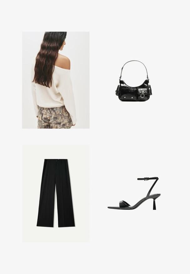 Fellőn viselt krém színű pulóver hosszú ujjakkal, amelyet földszínű és texturált anyagú mintás cargo nadrággal párosítanak.; Bershka WIDE - Nadrágok - black; Bershka Magas sarkú szandálok - black; Fekete lakkbőr kézitáska ívelt formával, egy vállpánttal, elülső zsebekkel és ezüstszínű fémrészletekkel.