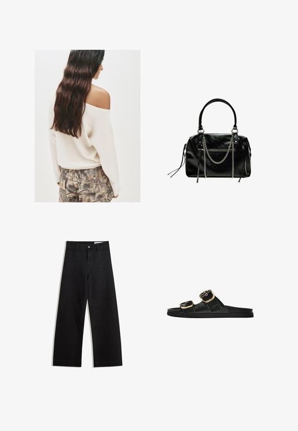 Crème off-shoulder trui met lange mouwen, gecombineerd met gestreepte cargobroek in aardetinten en een gestructureerde stof.; Zwarte denim broek met wijde pijpen en een hoge taille, voorzien van voor- en achterzakken, gestikte naden en een knoopsluiting. Gladde textuur.; Zwarte slipper met twee gouden gesps, gladde textuur, platte zool en een minimalistisch ontwerp.; Bershka WITH CHAIN - Handtas - black
