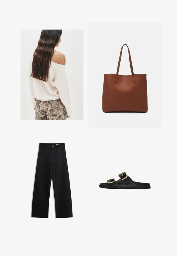 Cremfarbener Off-Shoulder-Pullover mit langen Ärmeln, kombiniert mit gemusterten Cargo-Hosen in Erdtönen und strukturiertem Stoff.; Schwarze weit geschnittene Jeans mit hoher Taille, ausgestattet mit Vorder- und Hintertaschen, gesteppten Nähten und einem Knopfverschluss. Glatte Textur.; Schwarze Riemensandale mit zwei goldenen Schnallendetails, glattem Material, flachem Sohlen und minimalistischer Gestaltung.; Braune Leder-Tote mit glatter Textur, offenem Oberteil und zwei Schulterriemen. Verfügt über minimale Nähte und keine sichtbaren Beschläge.