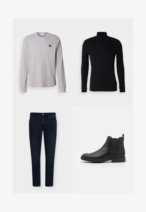 Sivi longsleeve majica od vaflene tkanine s okruglim izrezom i rebrastim manžetama; sadrži mali crni logotip na lijevoj strani prsnog koša.; Crna dugosleeve majica s rol kragnom izrađena od mekog materijala. Ima kroj koji se prilagođava tijelu s rebrastim manžetama i glatkom teksturom. Bez uzoraka ili logotipa.; Tamno plave traperice s uskim fitom, dizajnom s pet džepova, zatvaranjem na dugme i minimalnim izblijeđenjima. Ravno prednja strana i uski otvor na nogavicama.; Crne kožne Chelsea čizme s elastičnim bočnim panelima i povlačnom petom, s okruglim vrhom i teksturiranom gumenom potplatom.