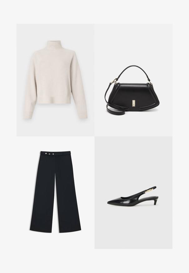 Hellbeige Rollkragenpullover aus weichem Stoff. Bietet einen lässigen Schnitt, gerippte Säume und Manschetten sowie lange Ärmel. Minimalistisches Design.; Weite schwarze Hosen mit glatter Textur, ausgestattet mit einem flachen Bund, einem doppelten Knopfverschluss und seitlichen Taschen.; Schwarze Leder-Slingback-Pumps mit spitzem Schuhblatt, ausgestattet mit einem schlanken Absatz und einem goldfarbigen Akzent am verstellbaren Riemen. Glatte Textur.; Schwarze Lederhandtasche mit einem strukturierten Design, das eine verkürzte Form, einen oberen Griff und goldfarbene Hardware-Details aufweist. Verstellbarer Schulterriemen ist enthalten.