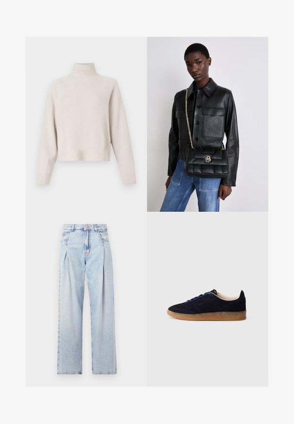 Lys beige turtleneck genser laget av myk stoff. Har en avslappet passform, ribbestrikket kant og mansjetter, og lange ermer. Minimalistisk design.; Lyseblå denimjeans med høy livlinje, vide ben, to sidelommer og plisserte detaljer. Myk tekstur med en falmet finish.; Navy blå semsket sneakers med såle av gummikaramell, blå lisser og minimalistisk design. Har preget logo på siden og glatt innerfôr.; Svart skinnjakke med knappelukking og to frontlommer, sammen med en svart kviltet håndveske med gullspenne og kjedehank.