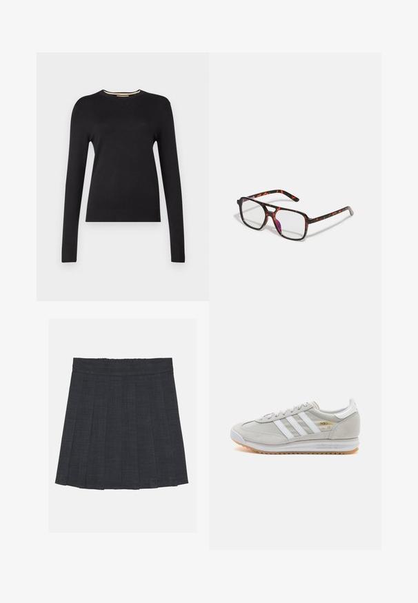 Schwarzer Pullover mit langen Ärmeln aus glattem Strickmaterial. Verfügt über einen gerippten Rundhalsausschnitt und Bündchen, hat eine figurbetonte Silhouette und keine sichtbaren Muster.; Dunkelgrauer, plissierter Rock mit elastischem Bund, aus einem strukturierten Stoff und in klassischer A-Linie. Geeignet für die Freizeit.; Hellgraue Sneaker aus Wildleder und Mesh, mit drei weißen Streifen, runder Zehenpartie und einer Sohle aus Gummi. Goldenes Logo-Detail nahe der Schnürsenkel.; Schildpattgemusterte Brille mit rechteckigen Gläsern, schwarzen und orangefarbenen Rahmen, mit einer glänzenden Oberfläche und schmalen Bügeln.
