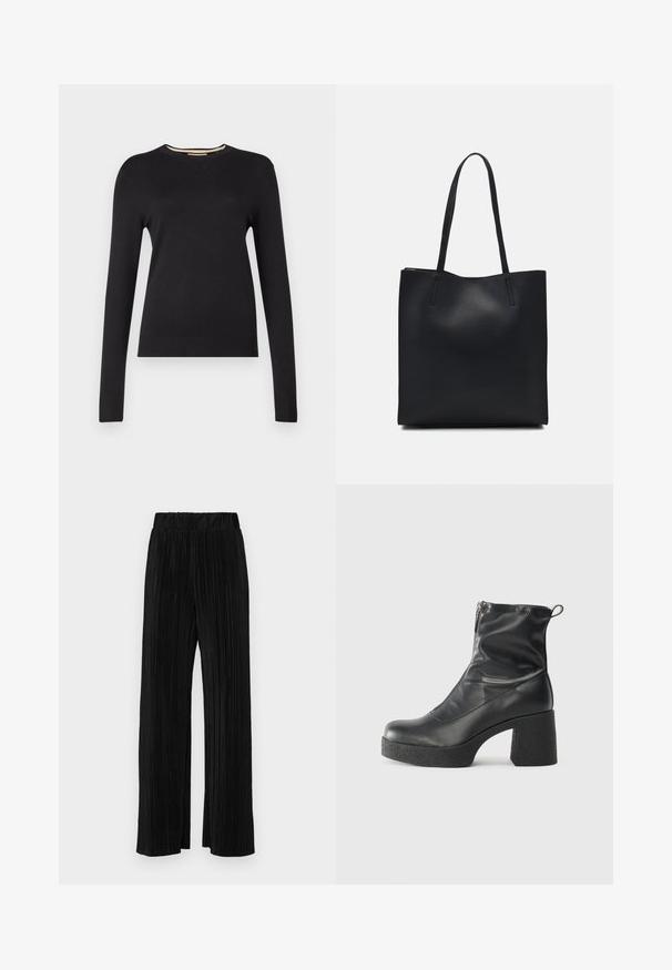 Črn pulover z dolgimi rokavi, izdelan iz gladkega pletenega materiala. Ima rebrast izrez in manšete, prilegajočo silhueto ter brez vidnih vzorcev.; Črne plisirane hlače z elastičnim pasom. Imajo široke noge in gladko, teksturirano tkanino z navpičnimi črtami.; Črne gležnjarje iz gladke kože z božnim zadrgo, masivnim teksturiranim peto in zaobljeno obliko prstov.; Črna usnjena torba s svilnato teksturo, pravokotne oblike in dvema dolgima ročajema. Brez vidnih metalnih delov ali okrasnih elementov.