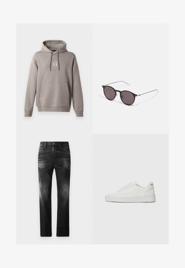 Grå hoodie med en central känguruficka, justerbar dragsko på huvan och en liten vit logotyp på bröstet. Mjuk tygtextur.; Svarta denimjeans med rak passform. Har blekta områden, mindre slitningar, klassisk femficksdesign och knäppning med knapp.; Vita lädersneakers med en jämn yta, rund tå, platta snörningar och en strukturerad sula. Har en diskret logotyp på hälen.; Svarta runda solglasögon med mörka linser och smala metallarmar. Inkluderar klara tempeltips och silverdetaljer vid gångjärnet. Minimalistisk design.