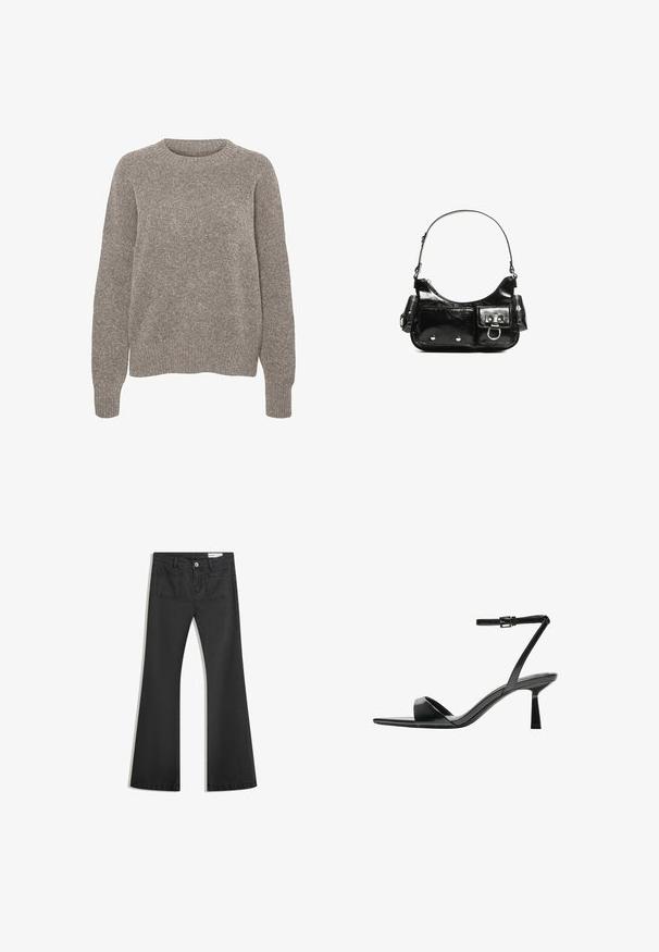 Világosszürke kötött pulóver, kerek nyakú, hosszú ujjakkal és finom textúrázott felülettel. Nincsenek látható minták vagy díszítések.; Fekete, sima textúrájú farmer flare nadrág, két hátsó zsebbel és gombos derékkal.; Bershka Magas sarkú szandálok - black; Fekete lakkbőr kézitáska ívelt formával, egy vállpánttal, elülső zsebekkel és ezüstszínű fémrészletekkel.