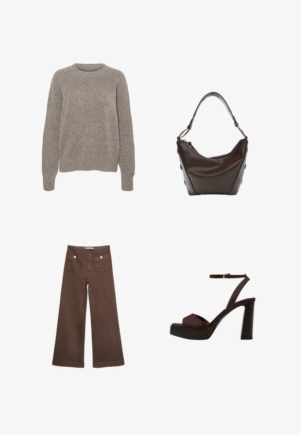 Lichtgrijze gebreide trui met een ronde halslijn, lange mouwen en een subtiele textuurafwerking. Geen zichtbare patronen of accenten.; Bruine wijde broek van katoen, met twee voorzakken met zilveren knopen en een gladde textuur.; Bruine suède high-heeled sandaal met een open teen, verstelbare enkelband en een gestreepte plateauzool.; Donkerbruine leren handtas met een gebogen vorm, ritsluiting en een korte handgreep. Voorzien van metalen hardware en decoratieve zwarte knopen aan de zijkant.