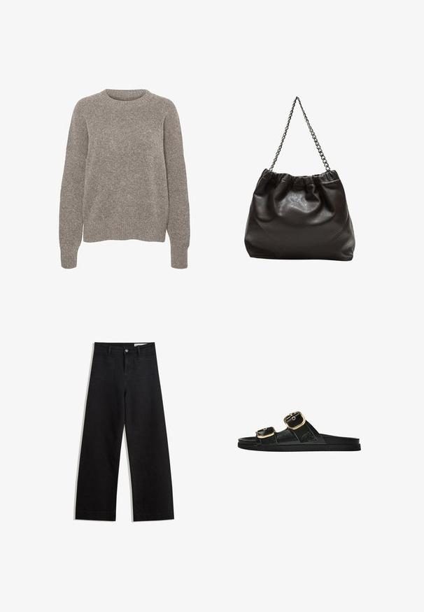 Svetlošedý pletený sveter s okrúhlym výstrihom, dlhými rukávmi a jemnou textúrovanou povrchovou úpravou. Bez viditeľných vzorov alebo akcentov.; Čierne denimové nohavice s širokými nohavicami a vysokým pásom, so prednými a zadnými vreckami, šitými švami a zapínaním na gombík. Hladká textúra.; Čierne šľapky s dvoma zlatými prackami, hladký textúrovaný materiál, plochá podrážka a minimalistický dizajn.; Hnedá kožená taška so zberaným vrchom a reťazovým popruhom. Hladký povrch s lesklým finišom a jemným švom po stranách.