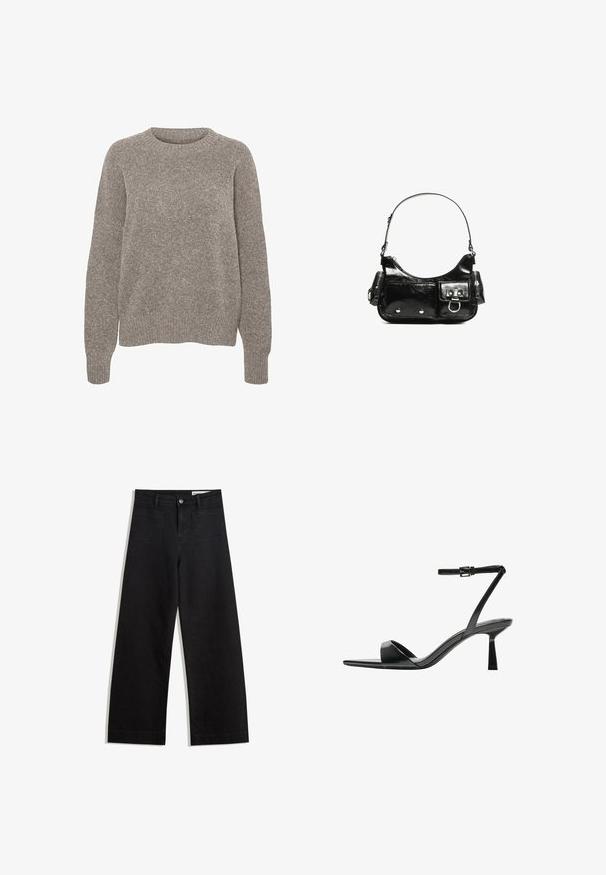 Világosszürke kötött pulóver, kerek nyakú, hosszú ujjakkal és finom textúrázott felülettel. Nincsenek látható minták vagy díszítések.; Fekete, bő szabású farmernadrág magas derékkal, elülső és hátsó zsebekkel, varrott felületekkel és gombos záródással. Sima textúra.; Bershka Magas sarkú szandálok - black; Fekete lakkbőr kézitáska ívelt formával, egy vállpánttal, elülső zsebekkel és ezüstszínű fémrészletekkel.