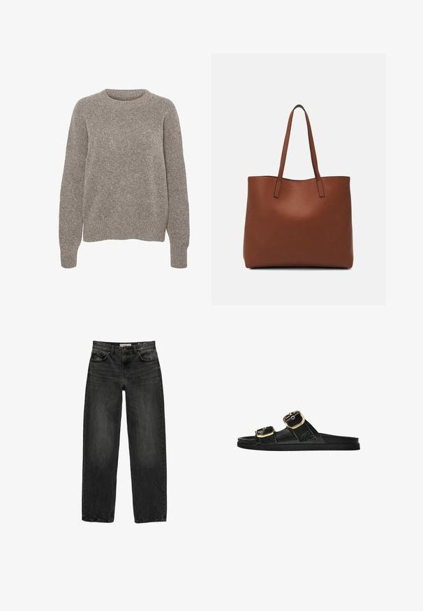 Pulover tricotat de culoare gri deschis, cu decolteu rotund, mâneci lungi și un finisaj texturat subtil. Fără modele sau accente vizibile.; Blugi negri din denim cu o croială lejeră, picior drept, design cu cinci buzunare și o textură ușor decolorată. Închidere cu nasture și fermoar în față.; Sandalie negre cu toc plat, cu două accente de cataramă aurie, din material texturat neted și design minimalist.; Geantă de umăr din piele maro cu o textură netedă, design cu vârf deschis și două curele pentru umăr. Prezintă cusături minime și fără componente metalice vizibile.