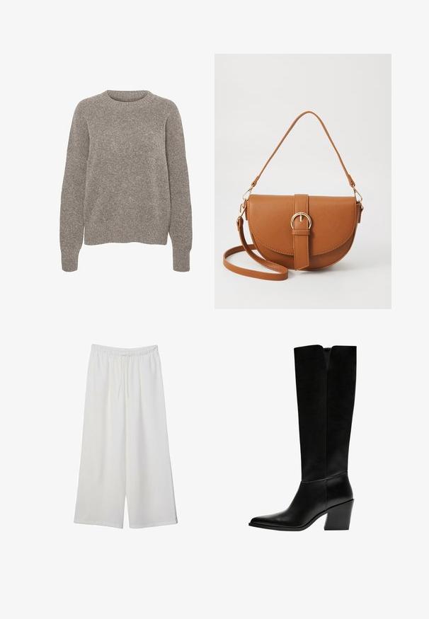 Pull en maille gris clair avec un col rond, des manches longues et une finition texturée subtile. Aucun motif ou accent visible.; Pantalons larges blancs en tissu léger, avec une taille élastique et un cordon de serrage pour un ajustement réglable. Texture lisse.; Bottes noires montantes en cuir lisse, avec un bout pointu, un talon bloc et une découpe en V en haut.; Sac bandoulière en cuir marron avec une forme incurvée, quincaillerie dorée et un accent en boucle. Comprend une bandoulière détachable.