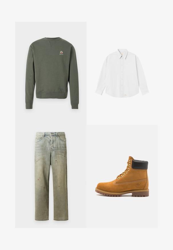 Olive green long-sleeve crewneck sweatshirt with a small multicolored Bally logo on the left chest.; White button-up shirt with a classic collar, long sleeves, and a rounded hem; features small orange logo at the bottom left side.; Distressed denim jeans in light green, featuring a straight leg, five-pocket design, and uneven fading with paint splatters.; Tan suede ankle boot with black padded collar, gold metal eyelets, white stitching detailing, and rugged rubber sole with pronounced treads.