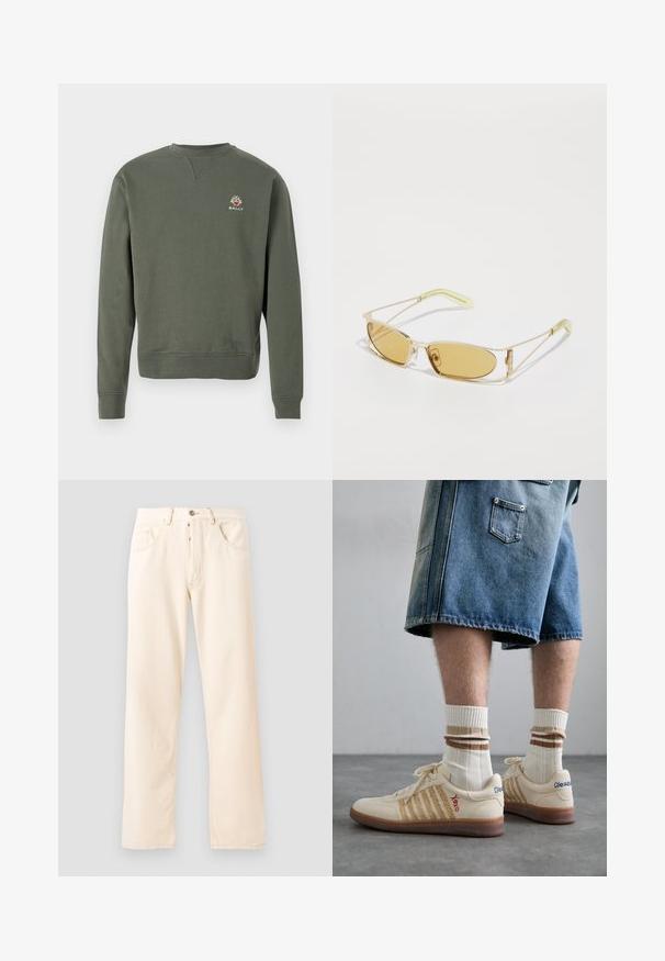 Sudadera a maniche lunghe color verde oliva con scollo rotondo e un piccolo logo Bally multicolore sul lato sinistro del petto.; Jeans in denim beige chiaro con un design a gamba dritta, cinque tasche e chiusura anteriore con bottone. Cuciture visibili lungo le cuciture.; Sneaker retro beige con suola in gomma marrone, dotate di dettagli a righe e loghi ricamati. Indossate con calze bianche e dettagli marroni a righe.; Occhiali da sole con tintura gialla, montatura traslucida dorata, forma rettangolare slanciata e aste angolari con dettagli verde chiaro.