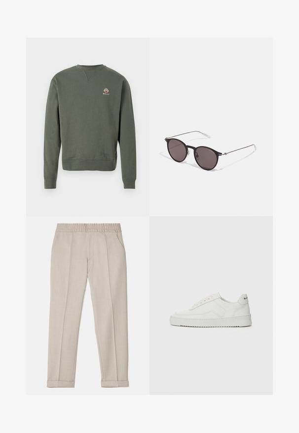 Sudadera a maniche lunghe color verde oliva con scollo rotondo e un piccolo logo Bally multicolore sul lato sinistro del petto.; Filippa K TERRY CROPPED TROUSERS - Pantaloni - sage melange; Sneaker in pelle bianca con una finitura liscia, punta rotonda, lacci piatti e suola testurizzata. Presenta un logo discreto sul tallone.; Occhiali da sole neri rotondi con lenti scure e sottili bracci in metallo. Include punte trasparenti e accenti argentati alla cerniera. Design minimalista.