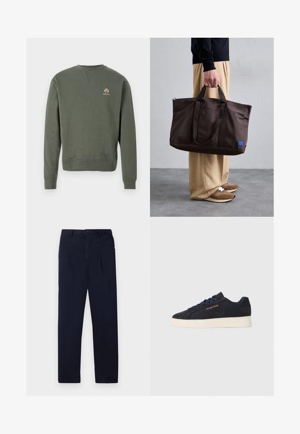 Olive green long-sleeve crewneck sweatshirt with a small multicolored Bally logo on the left chest.; Navy blue trousers made of lightweight fabric featuring a flat front, two pleats, and a standard button closure at the waistband.; Navy blue suede low-top sneaker with white sole, navy laces, and "Filling Pieces" logo in gold on the side.; Brown nylon tote bag with dual handles, zip closure, and a blue logo patch. Smooth texture, structured design, spacious interior.