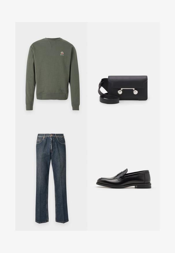 Sweatshirt à col rond à manches longues vert olive avec un petit logo Bally multicolore sur la poitrine gauche.; Jeans en denim droit bleu foncé avec un bouton à l'avant, une fermeture éclair, deux poches avant et des plis verticaux visibles le long des jambes.; Mocassins en cuir noir avec une texture lisse, bout rond et une sangle décorative sur le dessus. Talon bas empilé, design minimaliste.; Sac bandoulière en cuir noir avec un rabat, accessoires en métal argenté et deux accents ronds. Doté d'une bandoulière amovible. Texture lisse.