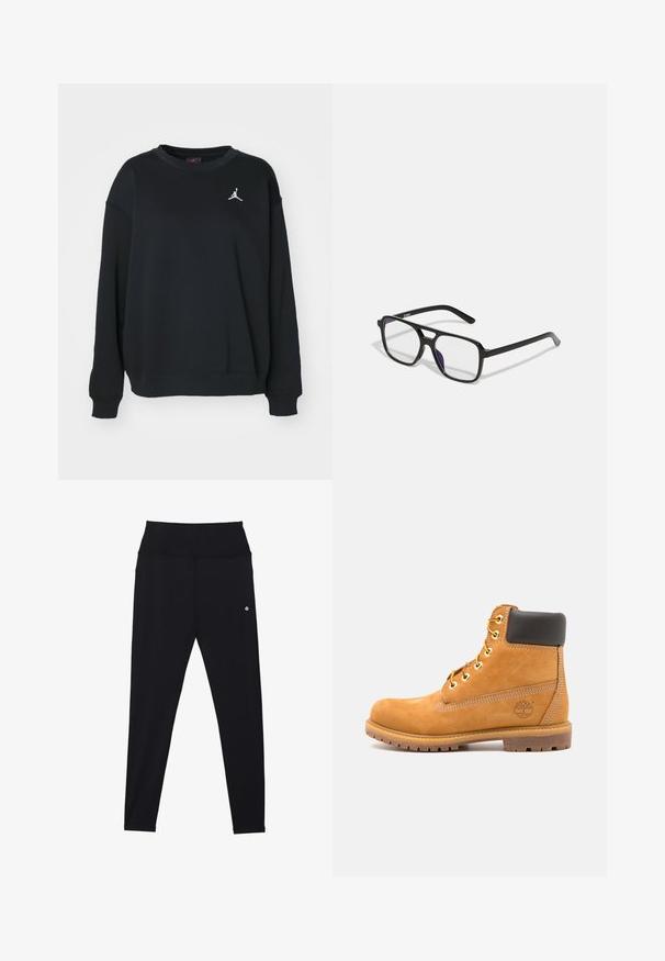 Czarny sweatshirt z bawełny, z okrągłym dekoltem, długimi rękawami, ściągaczami przy mankietach i u dołu, z białym logo Jumpman na piersi.; Czarne legginsy wykonane z elastycznego materiału, z szerokim, bezszwowym pasem i minimalnym białym logo przy biodrze. Gładka faktura.; Brązowy skórzany botek za kostkę z czarnym wykończeniem, złotymi oczkami i teksturowaną podeszwą. Posiada okrągłe logo z boku oraz akcenty w postaci przeszyć.; Czarne prostokątne okulary z przezroczystymi soczewkami i subtelnym fioletowym odcieniem, z eleganckimi zausznikami i minimalistycznym designem.