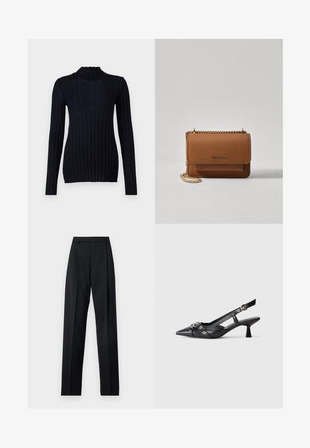 Marineblau gerippter Rollkragenpullover mit langen Ärmeln, der eine taillierte Silhouette und ein strukturiertes Gewebe aufweist.; Schwarze Hosen aus glattem Stoff mit hoher Taille, weitem Bein, vorderen Falten und klassischen Gürtelschlaufen. Keine sichtbaren Seitentaschen.; Schwarzer Leder-Slingback-Schuh mit spitz zulaufender Zehenpartie, dekorativen Riemen mit METALLÖSEN und niedrigem Blockabsatz. Strukturelle Oberfläche.; Braune strukturierte Ledertasche mit goldener Kettenriemen und Klappenverschluss. Die Vorderseite zeigt ein Logo-Detail und eine Tasche unter der Klappe.