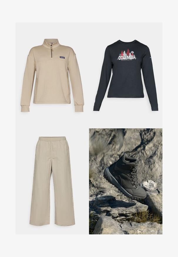 Beige fleece-pullover med halv dragkedja, ståkrage och långa ärmar. Har en liten patch-logotyp på vänster bröst. Mjuk textur.; Långärmad mörkgrå tröja med grafik av röda träd och berg; "COLUMBIA"-logotyp i fet vit text. Mjukt tyg, standard rund hals.; Vidbenade byxor i ljusbeige tyg med resår i midjan, slät yta och utan synlig hårdvara eller mönster.; Mörkgrå vandringskänga i syntetmaterial, med vadderad krage, metallöglor och strukturerad gummisula för grepp.