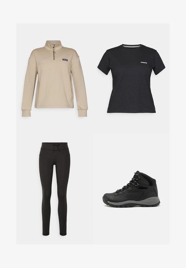 Beige színű bolyhos pulóver fél cipzárral, álló gallérral és hosszú ujjal. A bal mellrészen egy kis foltlogó található. Puha tapintású.; Fekete pamut póló kerek nyakkivágással és rövid ujjakkal. Az előtt a bal mellrészen egy fehér "Patagonia" logó található.; Fekete leggings magas derékkal, zsinórral, sima textúrával és testhezálló kialakítással. Oldalt varrási részletekkel rendelkezik.; Fekete túracipő közepes magasságú kialakítással, texturált felsőrésszel, szürke részletekkel és strapabíró gumitalppal, amelynek tapadós kiemelkedései vannak.