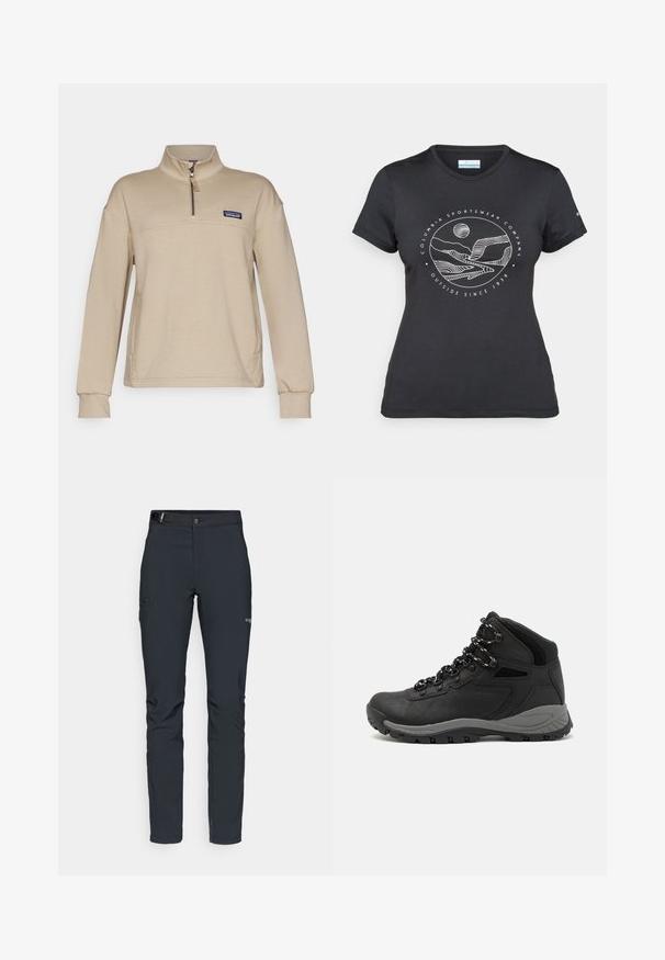 Beige fliisist pulmärk, millel on poole tõmbluku, seisev kaelus ja pika varrukaga. Esiküljel on väike logopatch vasakul rinnal. Pehme tekstuur.; Musternine Columbia T-särk mustas värvuses, millel on valge ümmargune mägi ja jõe joonistus ning tekst "Columbia Sportswear Company Outside Since 1938."; Meeste välkpüksid, tumehallid, valmistatud paindlikest materjalidest, vöökohaga, tõmblukuga taskud ja tugevdatud õmblused.; Mustarjaline matkasaabas, millel on keskmine disain, tekstuuriga ülemine osa, hallid aktsendid ja vastupidav kummist põhi, millel on haardelugesid.