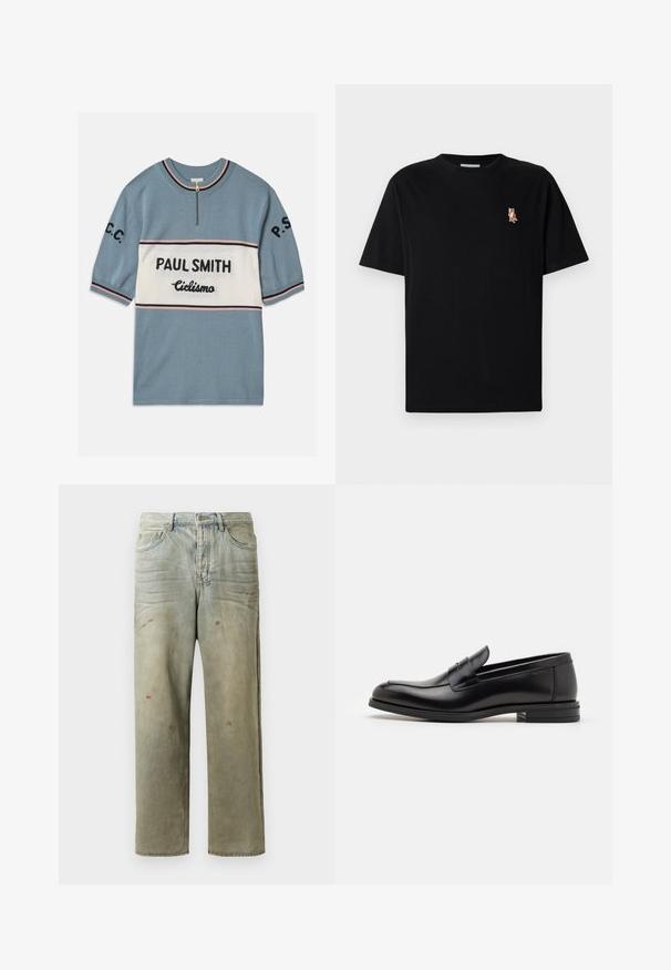 Rövid ujjú kék pulóver, fehér vízszintes sávval. A "PAUL SMITH" és a "Ciclismo" fekete szöveggel szerepel, rózsaszín és fekete csíkokkal az éleken.; Fekete, rövid ujjú, kerek nyakú póló, bal mellen kis hímzett narancssárga róka logóval.; Fakó zöld, kopott farmerszadrág, egyenes lábbal, ötk zsebes kialakítással, egyenetlen kopással és festékcseppekkel.; Fekete bőr loaferek sima textúrával, kerek orral és dekoratív pánttal a vampnál. Alacsony, rétegelt sarkú, minimalista dizájn.