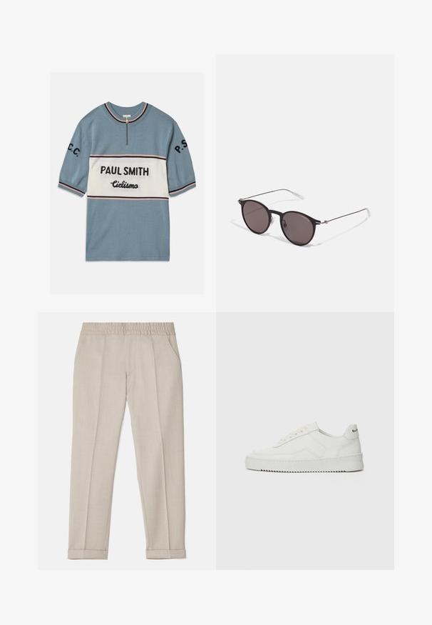 Kortärmad blå tröja med ett vitt horisontellt band. Har "PAUL SMITH" och "Ciclismo" i svart text, med rosa och svarta ränder vid kanterna.; Filippa K TERRY CROPPED TROUSERS - Tygbyxor - sage melange; Vita lädersneakers med en jämn yta, rund tå, platta snörningar och en strukturerad sula. Har en diskret logotyp på hälen.; Svarta runda solglasögon med mörka linser och smala metallarmar. Inkluderar klara tempeltips och silverdetaljer vid gångjärnet. Minimalistisk design.