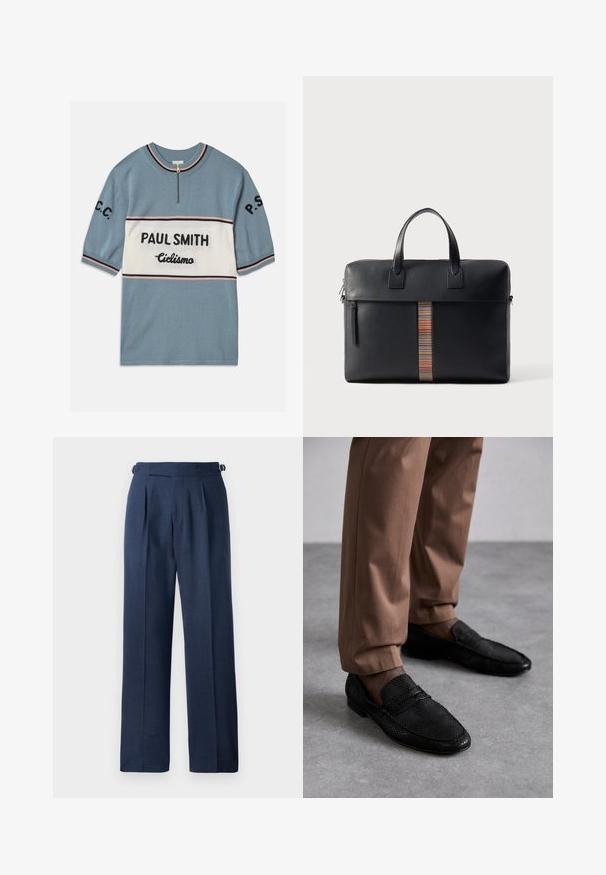 Kurzärmliger blauer Pullover mit einem weißen horizontalen Streifen. Beinhaltet "PAUL SMITH" und "Ciclismo" in schwarzem Text, mit pinken und schwarzen Streifen an den Rändern.; Taillierte marineblaue Hosen aus strukturiertem Stoff, mit hoher Taille, Falten und verstellbaren Seitenträgern für eine optimale Passform.; Schwarze Slipper mit einem strukturierten Muster, Vorderkappe rund und mit niedrigem Profil. Kombiniert mit braunen Hosen auf einer grauen Oberfläche.; Paul Smith BAG FOLIO UNISEX - Aktentasche - black