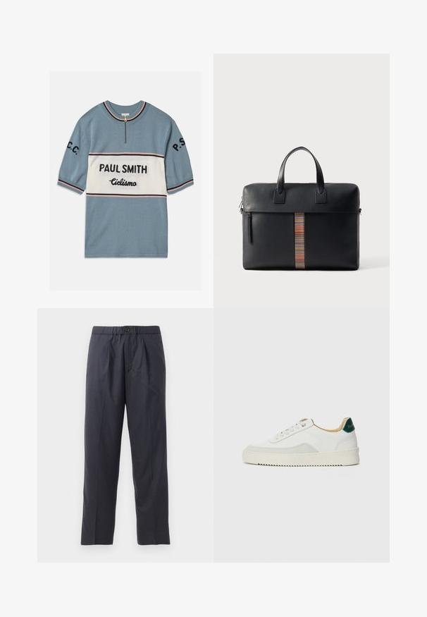 Trikota s kratkim rukavima u plavoj boji s bijelim horizontalnim pojasom. Na njemu su u crnom tekstu natpisi "PAUL SMITH" i "Ciclismo", a na rubovima su ružičaste i crne pruge.; Tamno plave hlače od mekanog materijala s plićim prednjim dijelom i elastičnim pojasom. Imaju zatvaranje na gumb i ravno krojenje.; Bijele tenisice s akcentima od antilopa, zaobljenim vrhom, ravnim vezicama i krem gumenim potplatom. Imaju zelenu oznaku na peti.; Paul Smith BAG FOLIO UNISEX - Kovčeg - black