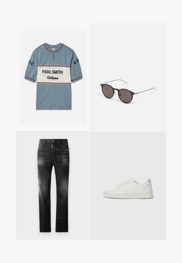 Short-sleeved blue sweater with a white horizontal band. Features "PAUL SMITH" and "Ciclismo" in black text, with pink and black stripes at edges.; Black denim jeans with a straight fit. Features faded areas, minor distressing, classic five-pocket design, and a button closure.; White leather sneaker with a smooth finish, round toe, flat laces, and a textured sole. Features a subtle logo on the heel.; Black round sunglasses with dark lenses and slim metal arms. Includes clear temple tips and silver accents at the hinge. Minimalist design.
