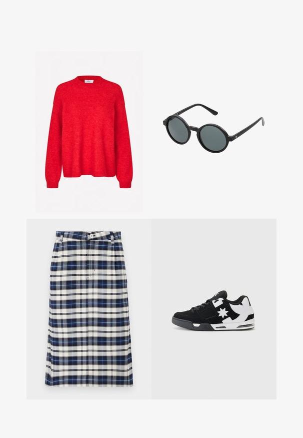 Envii ADA - Strikkegenser - salsa melange; Rutete skjørt i marineblå, hvit og grå. Har en rett silhuett, knappelukking og subtil tekstur med rutenettmønster.; Svart og hvit sneaker med semsket skinn og mesh-materialer. Har en fremtredende stjerne-logo og iøynefallende detaljer på siden, med en polstret såle.; Runde solbriller med svart plastramme og mørk grå linser. Har tynne, rette stenger med minimalistiske detaljer.