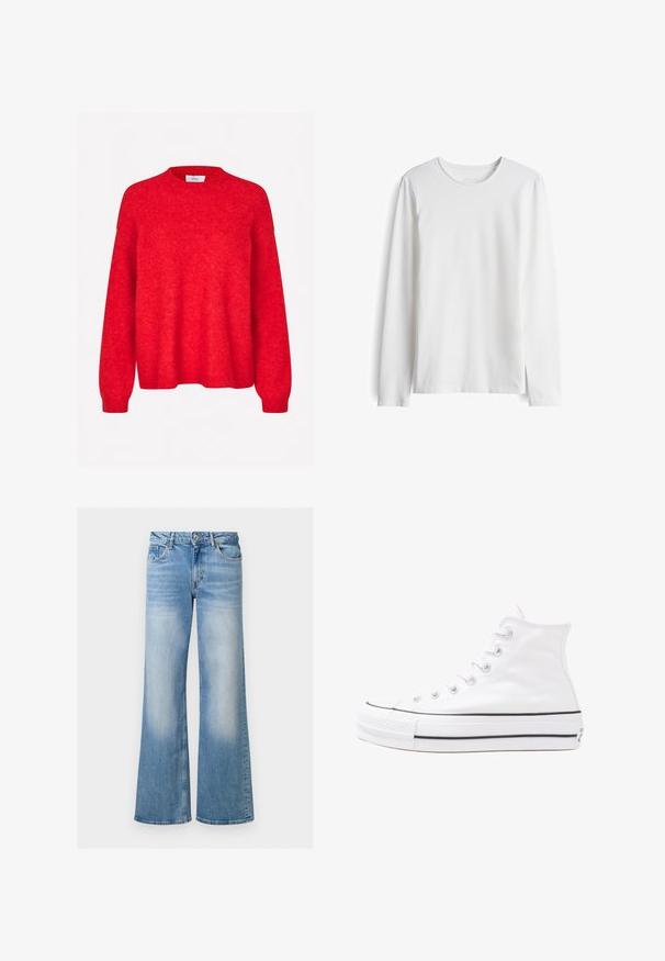 Envii ADA - Strickpullover - salsa melange; Langärmliges, weißes T-Shirt aus weicher Baumwolle. Es hat einen Rundhalsausschnitt und einen geraden Schnitt mit minimalen Nähten sowie ohne sichtbare Logos oder Muster.; Hellblaue Jeans im Schlag, mit verblasster Textur, hohem Bund und fünf Taschen, ausgestattet mit einem Knopf- und Reißverschluss.; Weiße hochwertige Leinensneaker mit schwarzer Gummisohle, vorderem Gummizehenschutz und sechs Ösen für Schnürsenkel, die ein sauberes, minimalistisches Design aufweisen.
