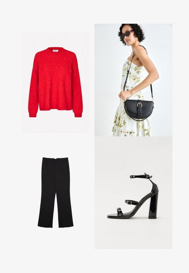 Envii ADA - Trui - salsa melange; Zwarte broek met een rechte pasvorm, voorzien van zijzakken en plooien aan de onderzijde. Gemaakt van zachte, gladde stof. Geschikt voor verschillende gelegenheden.; Zwarte gepatenteerde sandalen met hak en een vierkante neus, enkelbandjes en zilveren gespen. Heeft een stevige blokhak voor stabiliteit.; Zwarte leren handtas met een gebogen vorm, afneembare schouderband en gouden hardware. De tas heeft een klep met een gespsluiting.