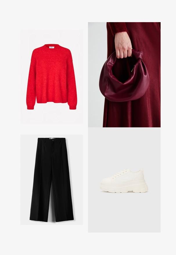 Envii ADA - Jumper - salsa melange; Black wide-leg trousers made of lightweight fabric, featuring a front button closure and flat front, with neatly stitched hems.; White canvas sneaker with a chunky sole, rounded toe, and five eyelets for laces. Back tab for easy wear. Smooth texture, minimalist design.; Burgundy leather handbag with a soft, gathered design and a rounded shape. The handle is secured, showcasing a smooth texture.
