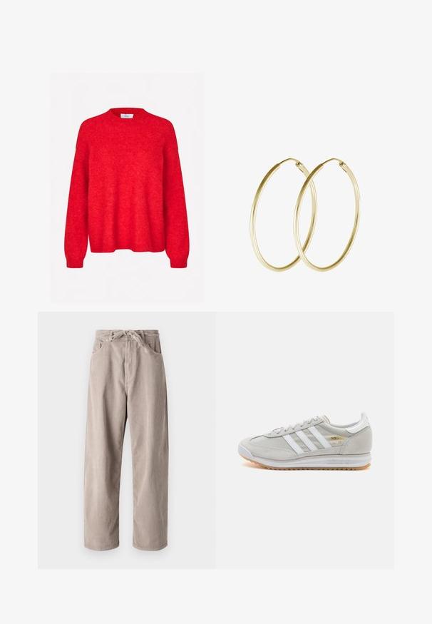 Envii ADA - Jersey de punto - salsa melange; Pantalones de pana beige de corte holgado, con cinturilla ajustable, dos bolsillos frontales y textura de canalé vertical.; Zapatilla de color gris claro hecha de ante y malla, con tres franjas blancas, punta redonda y suela de goma. Acento en logo dorado cerca de los cordones.; Pendientes de aro de oro con un diseño suave y redondeado y un acabado brillante. Construcción ligera con un cierre de broche seguro.