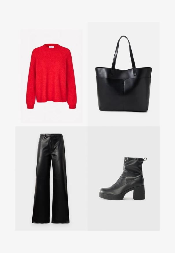 Envii ADA - Striktrøje - salsa melange; Sorte high-waisted bukser i bred ben i imiteret læder med forreste knap, lynlås, bæltestropper og sidelommer på hvid baggrund.; Sorte ankelstøvler lavet af glat læder, med en sidelukning, kraftig struktureret hæl og rundt tådesign.; Sort læder tote taske med to lange håndtag, en glat tekstur og en struktureret form. Har en forlommem for ekstra opbevaring.