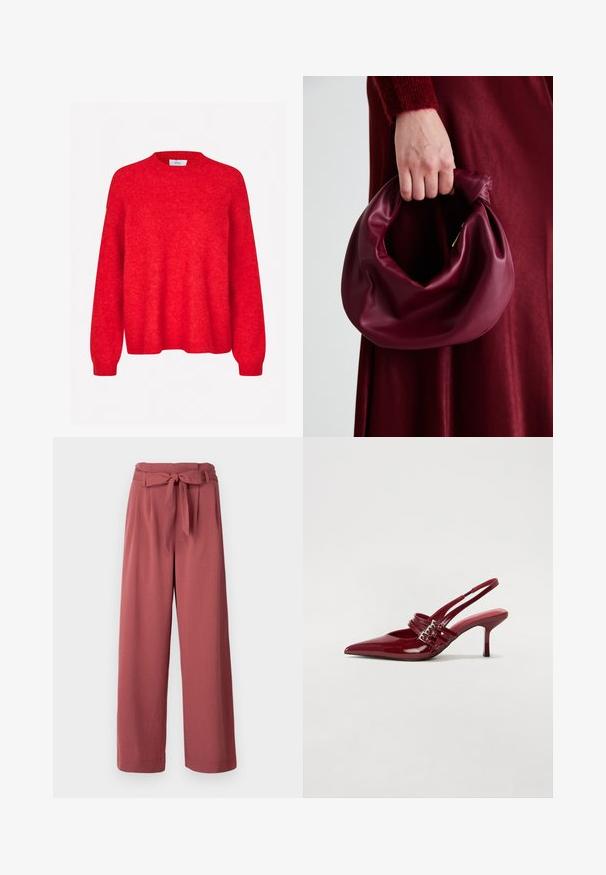 Envii ADA - Jumper - salsa melange; Wide-leg trousers in a dusty rose color, made of a soft fabric, featuring a tied belt at the waist and side pockets.; Red patent leather slingback heels with a pointed toe, two buckle straps, and a slim, mid-height stiletto heel. Smooth texture.; Burgundy leather handbag with a soft, gathered design and a rounded shape. The handle is secured, showcasing a smooth texture.