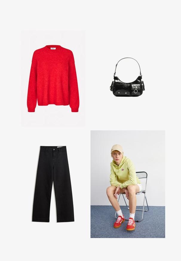 Envii ADA - Pulover - salsa melange; Črne široke denim hlače z visokim pasom, ki imajo sprednje in zadnje žepe, šivane šive ter gumbasto zapiranje. Gladka tekstura.; Svjetlozeleni dukserica s logotipom, bijele kratke hlače, crvene patike s bijelim prugama, sjedi na krom stolici naslonjenoj na neutralnu pozadinu.; Črna lakasta usnjena torbica s ukrivljeno obliko, enim ramenskim trakom, sprednjimi žepi in srebrnimi kovinskimi dodatki.
