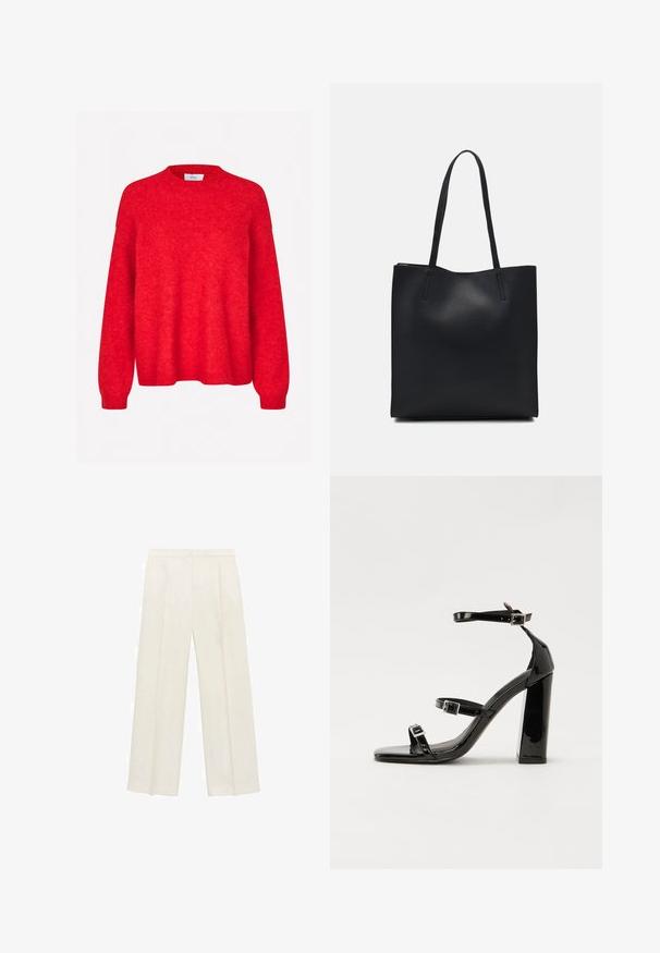 Envii ADA - Stickad tröja - salsa melange; Breda byxor i en ljus krämfärg. Tillverkade av ett mjukt tyg med veck fram och sidofickor.; Svarta lackerade klacksandaler med fyrkantig tå, ankelremmar och silverfärgade spännen. Har en kraftig blockklack för stabilitet.; Svart lädertoffelväska med slät textur, rektangulär form och två långa handtag. Ingen synlig hårdvara eller dekorationer.