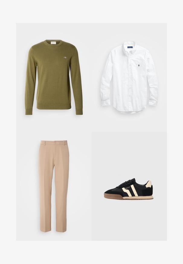Maslinasto zeleni pleteni pulover s okruglim izrezom, dugim rukavima i rebrastim manžetama i donjim rubom. Ima mali izvezeni logo na prsima.; Bijela košulja dugih rukava s gumbima izrađena od pamuka. Ima klasični ovratnik, gumbaste manžete i mali brodasti logo u tamnoplavoj boji na prsima.; Bež hlače izrađene od glatkog materijala, s ravnim krojem, prednjim zatvorenjem na dugme i suptilnim pregibima duž prednje strane.; Crne zamšaste tenisice s bež detaljima, koje imaju gumeni potplat, ravne vezice i stylish prugasti dizajn s strana.