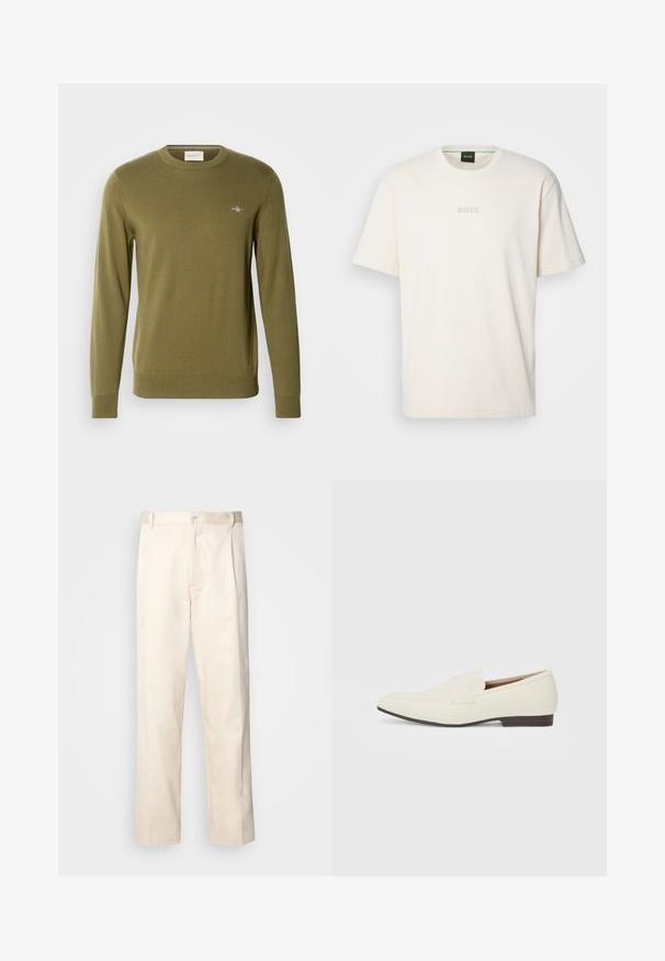 Oliven grønn strikkegenser med rund hals, lange ermer, og ribbestrikkede mansjetter og kant. Har en liten brodert logo på brystet.; BOSS TEE - T-shirts - open white; Beige bomullsbukser med rett benfatt, med knappelukking og folder foran for ekstra detaljer.; Lyse beige loafers med spiss tå, glatt materiale, en stropp over vampsen, og en lav brun såle. Enkel design med minimale detaljer.