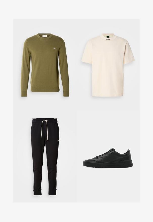 Olive green knit sweater with a round neck, long sleeves, and ribbed cuffs and hem. Features a small embroidered logo on the chest.; Cream-colored short-sleeve T-shirt with a high collar, featuring "BOSS" printed in black on the front neck and inside label.; Black slim-fit jogger pants with white drawstring, ribbed cuffs, and subtle logo on the upper thigh against a plain background.; Black sneaker with smooth leather upper, round toe, flat laces, cushioned collar, and minimalistic design. Rubber sole with subtle tread pattern.