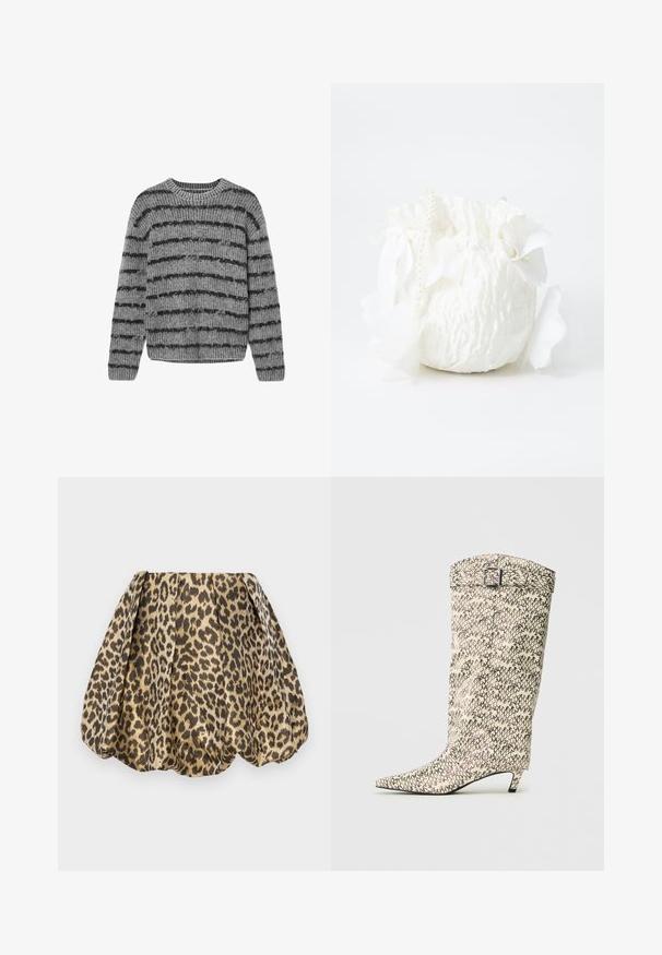 Gray knitted sweater with black horizontal stripes, crew neck, and ribbed texture. Features long sleeves and a rounded hem.; Sister Jane LOLA SKIRT - A-line skirt - tan; Knee-high boot made of patterned faux leather in cream and black tones, featuring a pointed toe and a small, block heel with buckle detail.; White fabric bag with a textured finish, featuring a drawstring top, decorative white petals, and a pearl-accented strap.