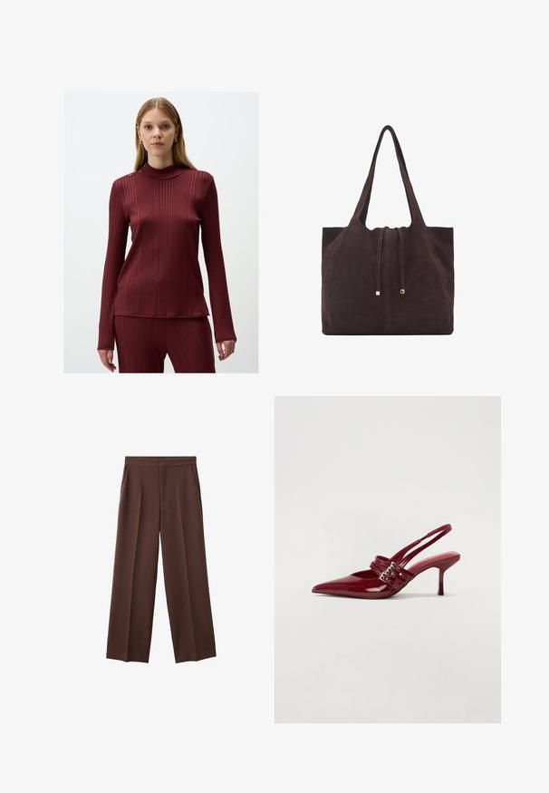 Top lungo a maniche con coste color borgogna, colletto alto e dettagli con bottoni sulla spalla. Realizzato in un materiale liscio e elastico con una silhouette aderente.; Pantaloni larghi marroni con una texture liscia, dotati di due tasche laterali e una parte anteriore plissettata per una vestibilità rilassata.; Décolleté slingback in vernice rossa con punta affusolata, due cinturini con fibbia e un sottile tacco a stiletto di media altezza. Texture liscia.; Mango Shopping bag - dark brown