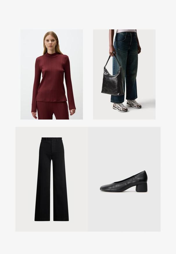 Bordeauxfarbenes, geripptes Langarmoberteil mit hochgeschlossenem Kragen und Knopfdetails an der Schulter. Hergestellt aus einem glatten, dehnbaren Material mit figurbetontem Schnitt.; Schwarze weite Hosen aus gewebtem Stoff, mit hoher Taille, vorderem Knopfverschluss und Seitentaschen. Glatte Textur mit klaren Linien.; Schwarze Lederpumps mit runder Zehenpartie und mittelhohem Blockabsatz. Glatte Textur mit minimalen Details, ausgestattet mit einem dezenten elastischen Einstieg.; Schwarze Leder-Schultertasche mit glatter Textur und verstellbarem Riemen, kombiniert mit ausgewaschenen weit geschnittenen Jeans und sportlichen Sneakern.